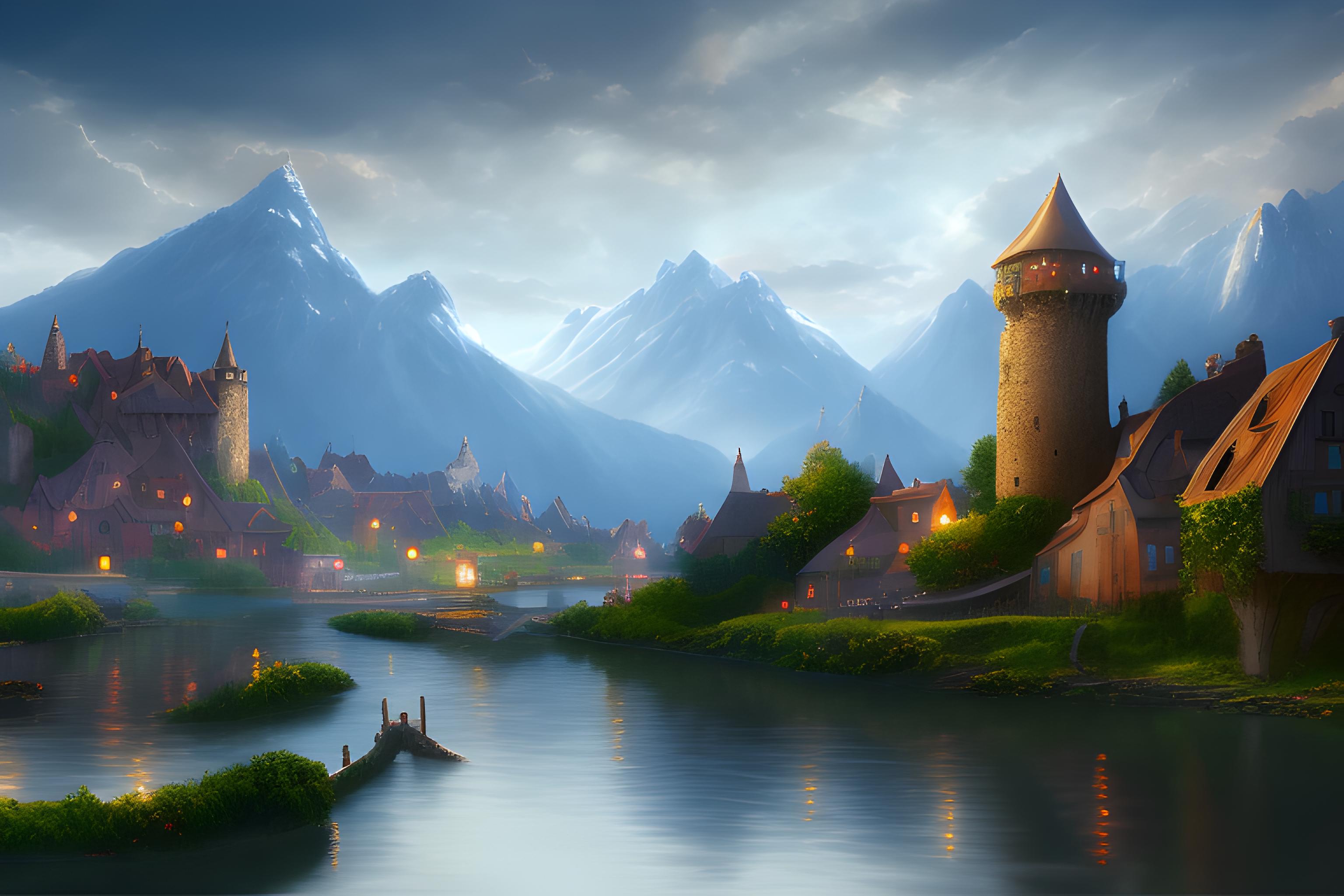 a romantic medieval village on a small river with mountains in the background, an a dragon wide away in the sky.